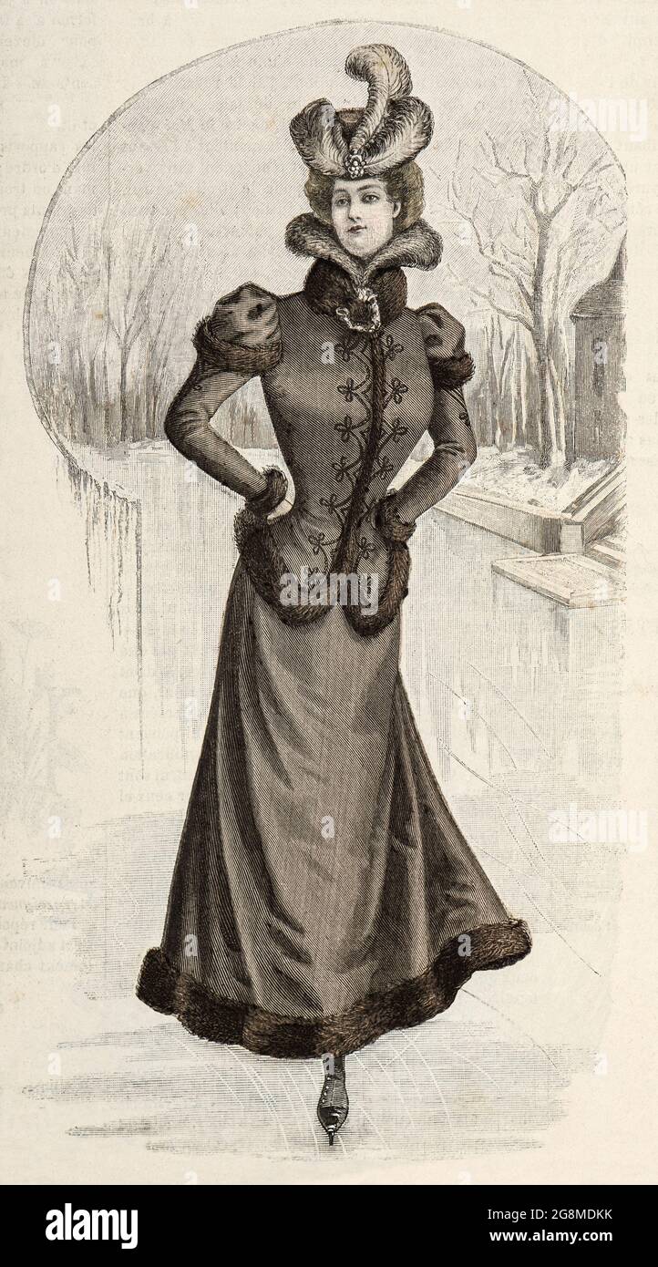 Femme patineuse vêtue de vêtements vintage. Gravure de mode antique de 1899, France, Paris Banque D'Images