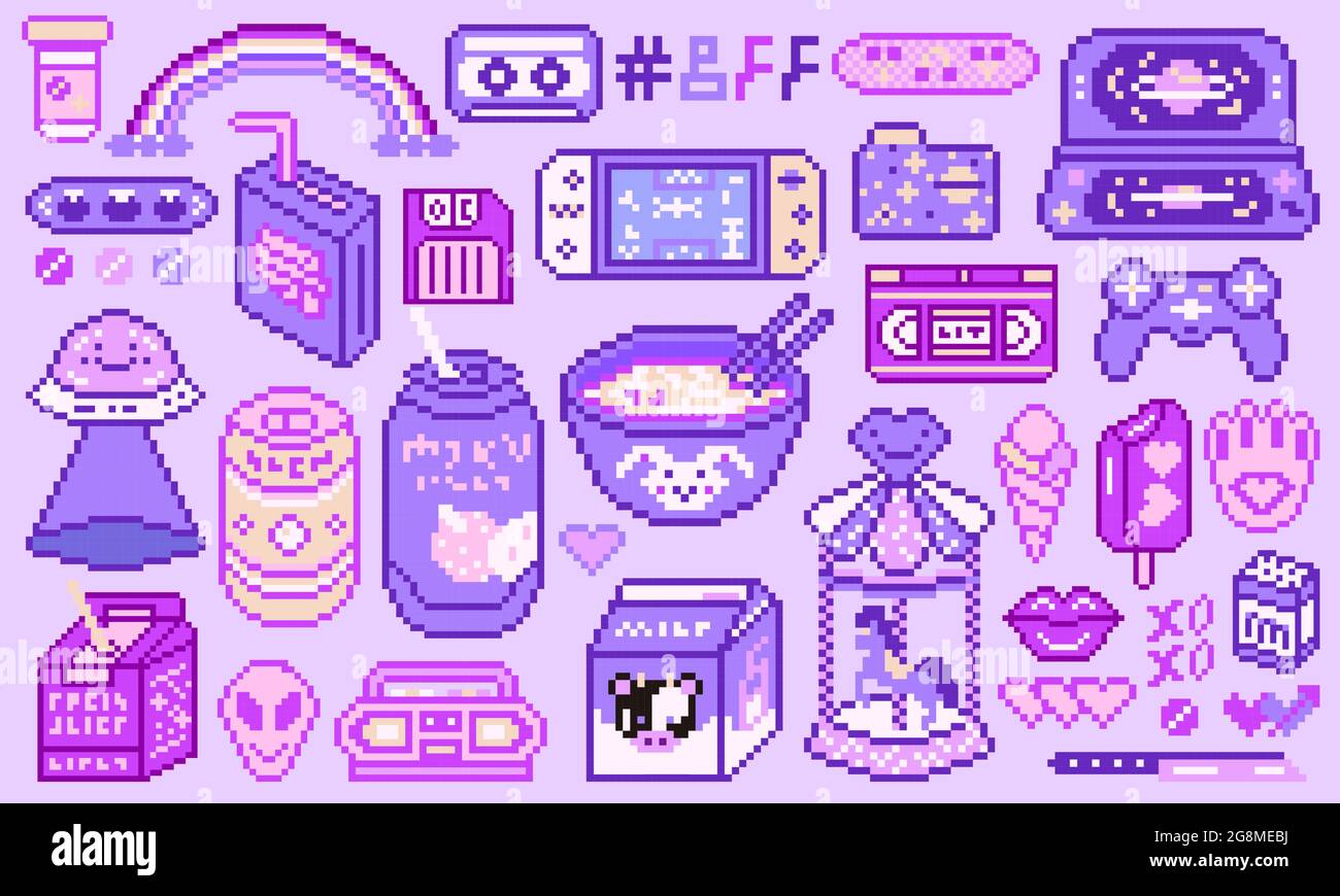 Objets pixel art 8 bits. Supports de jeux numériques rétro. Ensemble d'icônes de mode roses. Autocollants girly vintage. Vidéo d'arcade. Personnages dinosaure poney Illustration de Vecteur