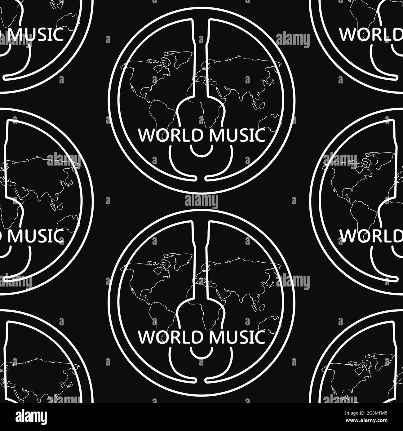 Motif noir et blanc avec guitare, texte musique du monde. Motif linéaire blanc avec une guitare sur fond noir. Motif sans couture pour le textile Illustration de Vecteur