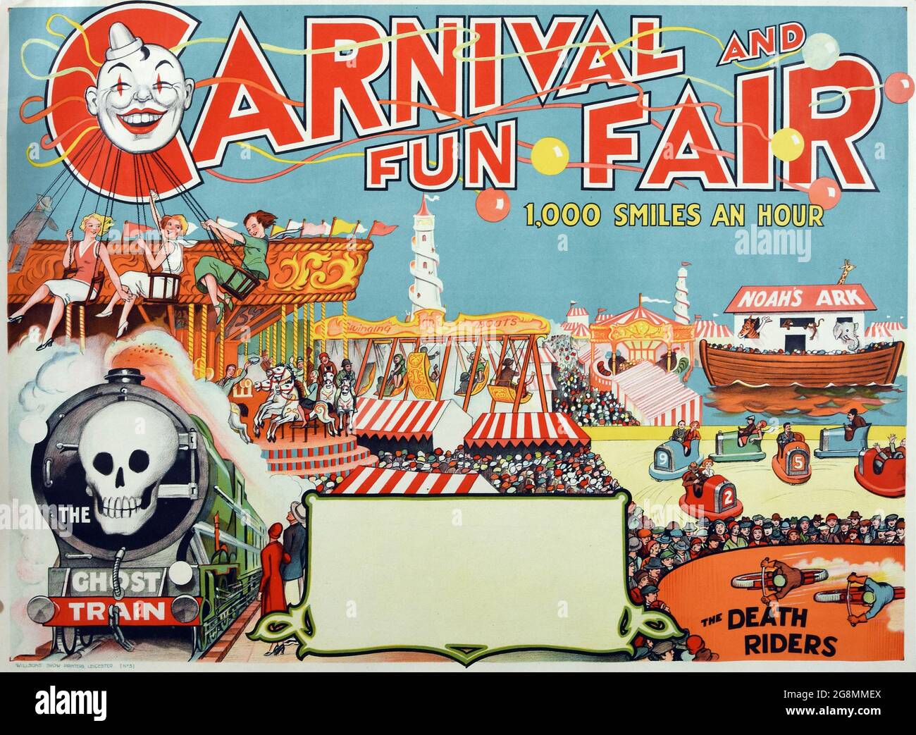 Affiche de cirque d'époque : carnaval et foire d'amusement. « 1 000 sourires par heure. Train fantôme. Les mordus de la mort ». 1920s. Banque D'Images