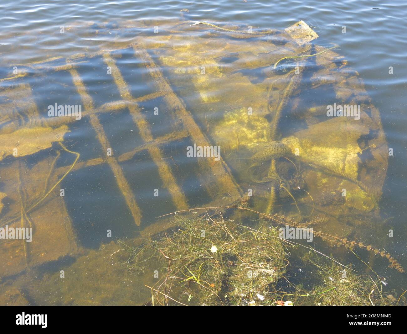 L'épave d'un vieux bateau est clairement visible sous la surface de l'eau à Glasson Dock, avec un réseau de vieux bois en bois de bois. Banque D'Images