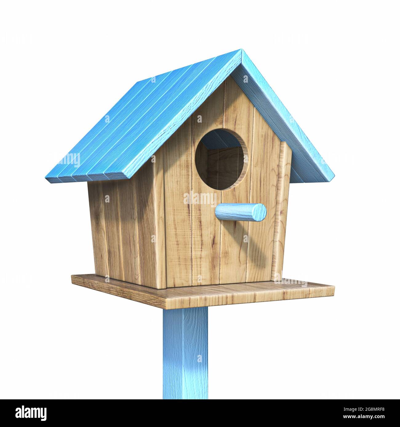 Birdhouse avec toit bleu 3D rendu illustration isolée sur fond blanc Banque D'Images