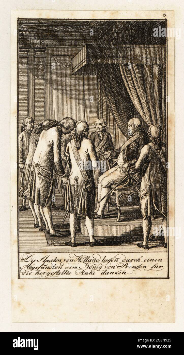 Les ambassadeurs des États de Hollande remercient Frederick William II, roi de Prusse, après l'invasion prussienne de la Hollande en 1787. Gravure en plaques de coperplate dessinée et gravée par Daniel Nikolaus Chodowiecki de 12 Blätter Darstellungen aus der neuen Geschichte, 12 photos illustrant l'histoire moderne, Allemagne, 1789. Banque D'Images