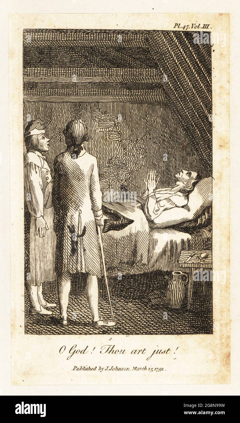 Deux hommes au chevet d'un vieil homme dans une garret, XVIIIe siècle. M. Jones visite le tisserand Martin, qui a été affamé dans une garret décrépite par son fils cruel. O Dieu! Tu es juste! Gravure sur plaque de coperplate de William Blake d'après une illustration de Daniel Nikolaus Chodowiecki de la traduction de Mary Wollstonecraft des éléments de moralité de Christian Gotthilf Salzmann, Londres, 1791. Banque D'Images
