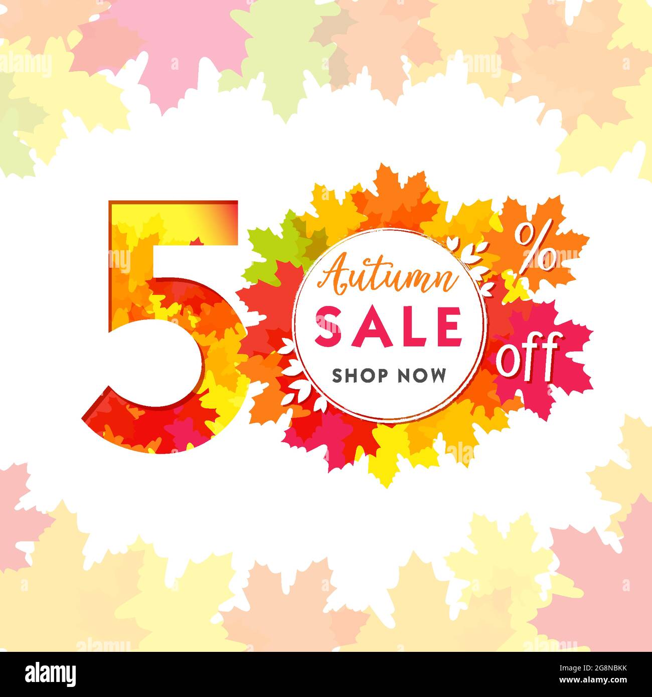 Numéro créatif de la vente d'automne. Affiche publicitaire saisonnière, couleurs rouge, jaune et orange, jusqu'à 50 % de réduction sur la bannière marketing d'entreprise. Publicités saisonnières d'automne Illustration de Vecteur