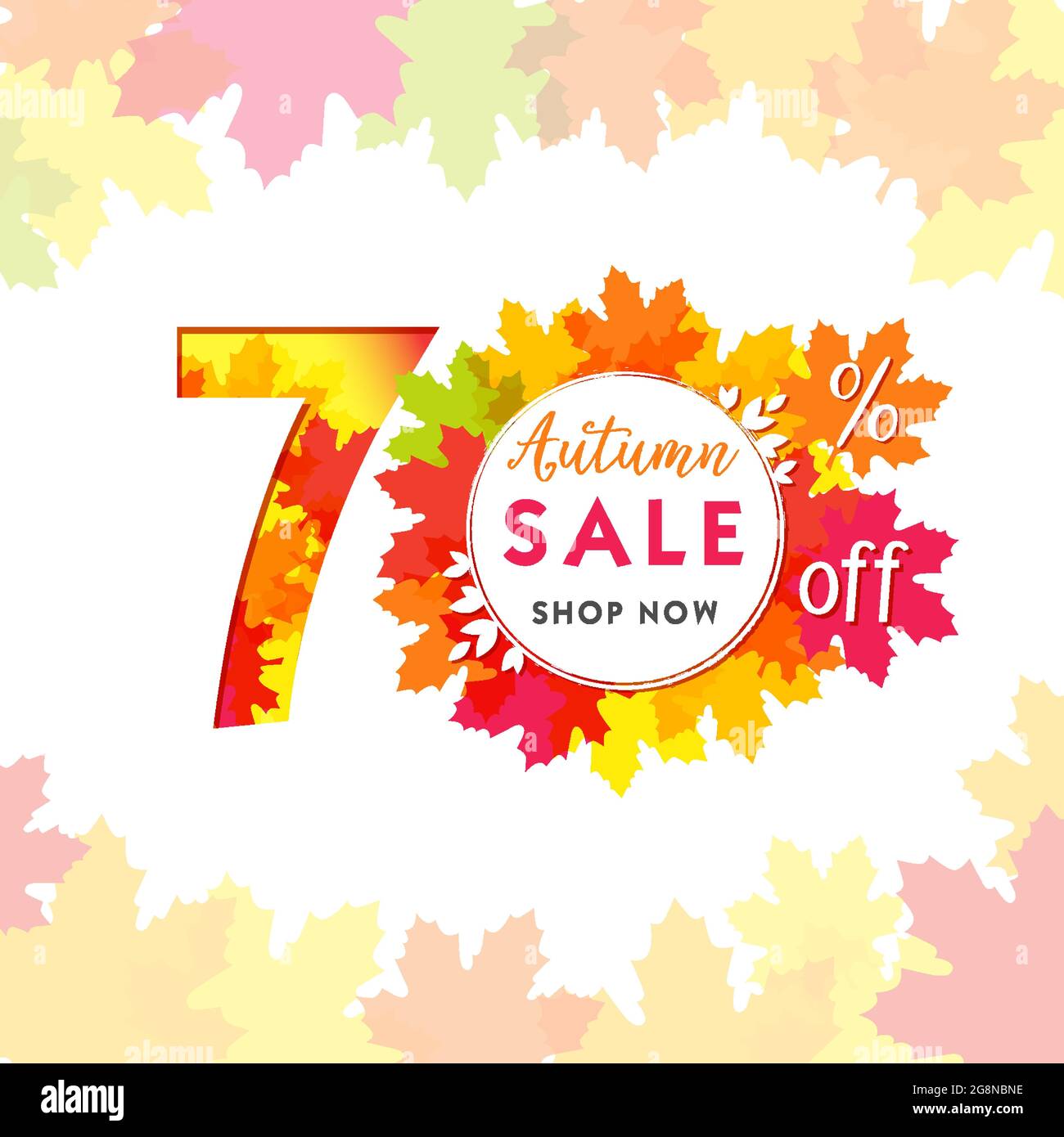 Numéro créatif de la vente d'automne. Affiche publicitaire saisonnière, couleurs rouge, jaune et orange, jusqu'à 70 % de réduction sur la bannière marketing d'entreprise. Publicités saisonnières d'automne Illustration de Vecteur