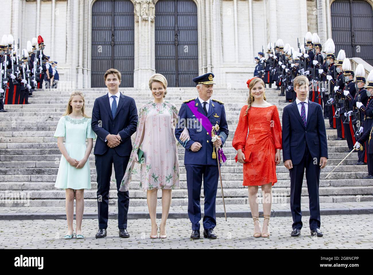 Le roi Philippe de Belgique, la reine Mathilde Belgique, la princesse Elisabeth de Belgique, le prince Gabriel de Belgique, le prince Emmanuel de Belgique et la princesse Eleonore de Belgique assistent à la messe te Deum à la journée nationale dans la cathédrale le 21 juillet 2021 à Bruxelles, Belgique. robin utrecht photo de Robin Utrecht/ABACAPRESS.COM Banque D'Images