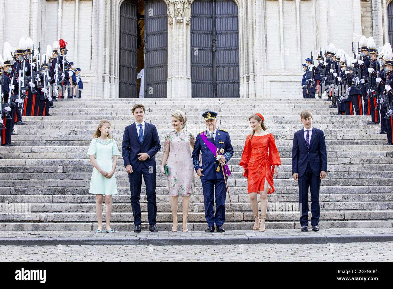 Le roi Philippe de Belgique, la reine Mathilde Belgique, la princesse Elisabeth de Belgique, le prince Gabriel de Belgique, le prince Emmanuel de Belgique et la princesse Eleonore de Belgique assistent à la messe te Deum à la journée nationale dans la cathédrale le 21 juillet 2021 à Bruxelles, Belgique. robin utrecht photo de Robin Utrecht/ABACAPRESS.COM Banque D'Images