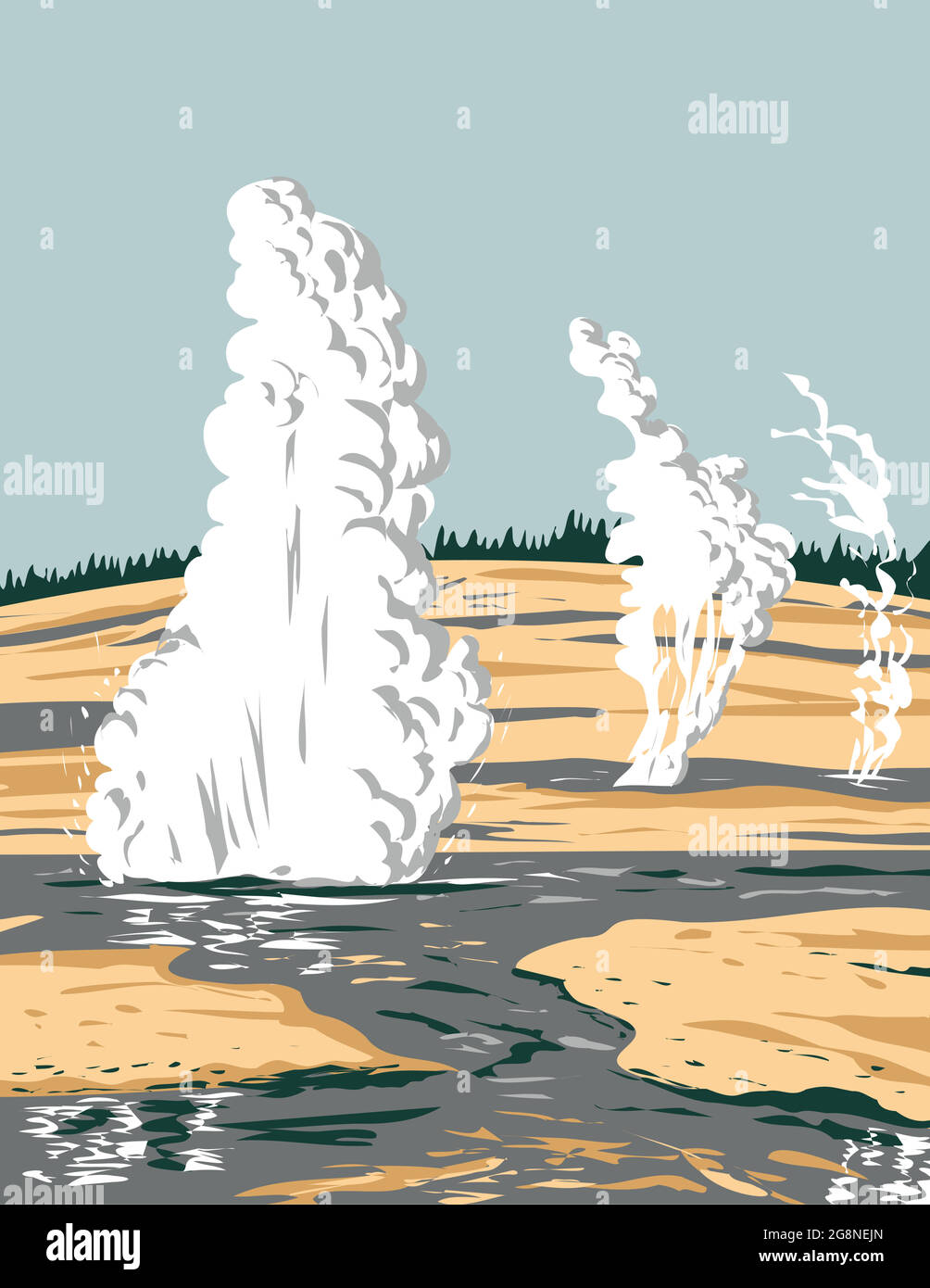 L'art de l'affiche WPA du bassin de Norris Geyser le plus chaud, le plus ancien et le plus dynamique des zones thermales ou géothermiques de Yellowstone dans le parc national de Yellowstone W Illustration de Vecteur