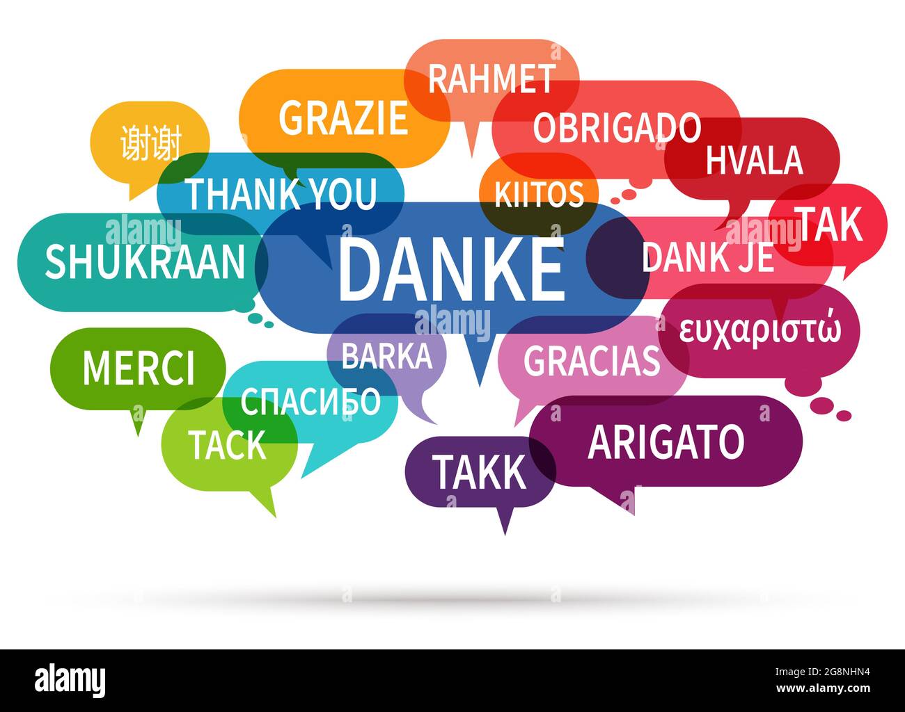 Illustration vectorielle EPS 10 des bulles de voix colorées isolées en nuage sur fond blanc avec texte de bienvenue ' merci ' dans différentes langues Illustration de Vecteur