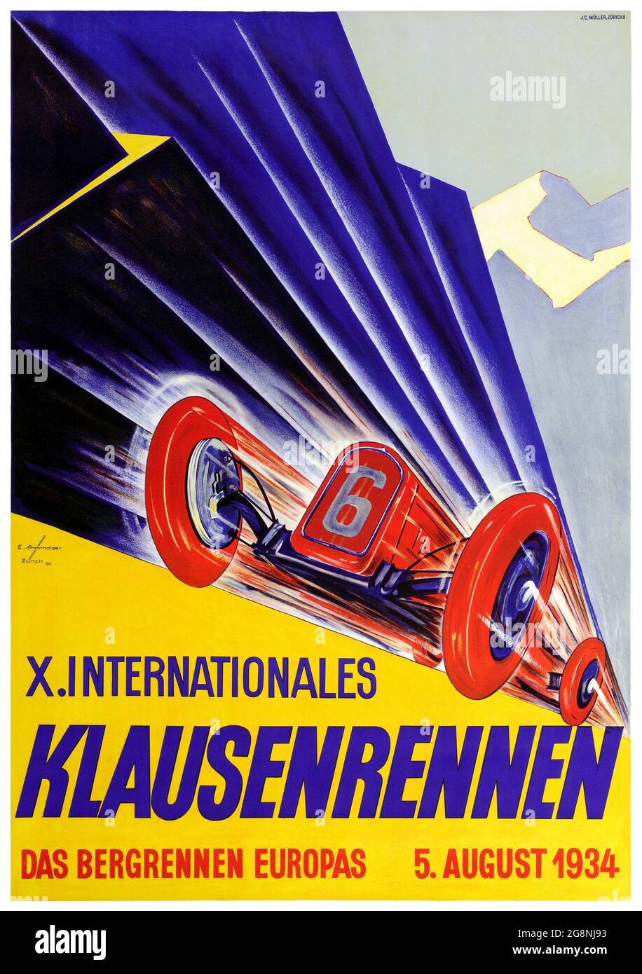 X. internationales Klausenrennen par Ernst Friedrich Schonholzer (1913-1995). Affiche ancienne restaurée publiée en 1934 en Suisse. Banque D'Images