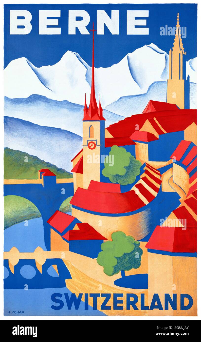 Berne (Berne) Suisse par Hans Schär (dates inconnues). Affiche ancienne restaurée publiée en 1936 en Suisse. Banque D'Images