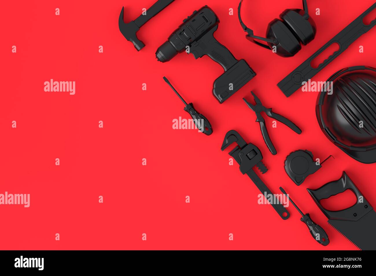 Vue de dessus des outils de construction monochromes pour la réparation et l'installation sur fond rouge et noir. rendu 3d et illustration de la bannière de service pour Banque D'Images Vue de dessus des outils de construction monochromes pour la réparation et l'installation sur fond rouge et noir. rendu 3d et illustration de la bannière de service pour Banque D'Images