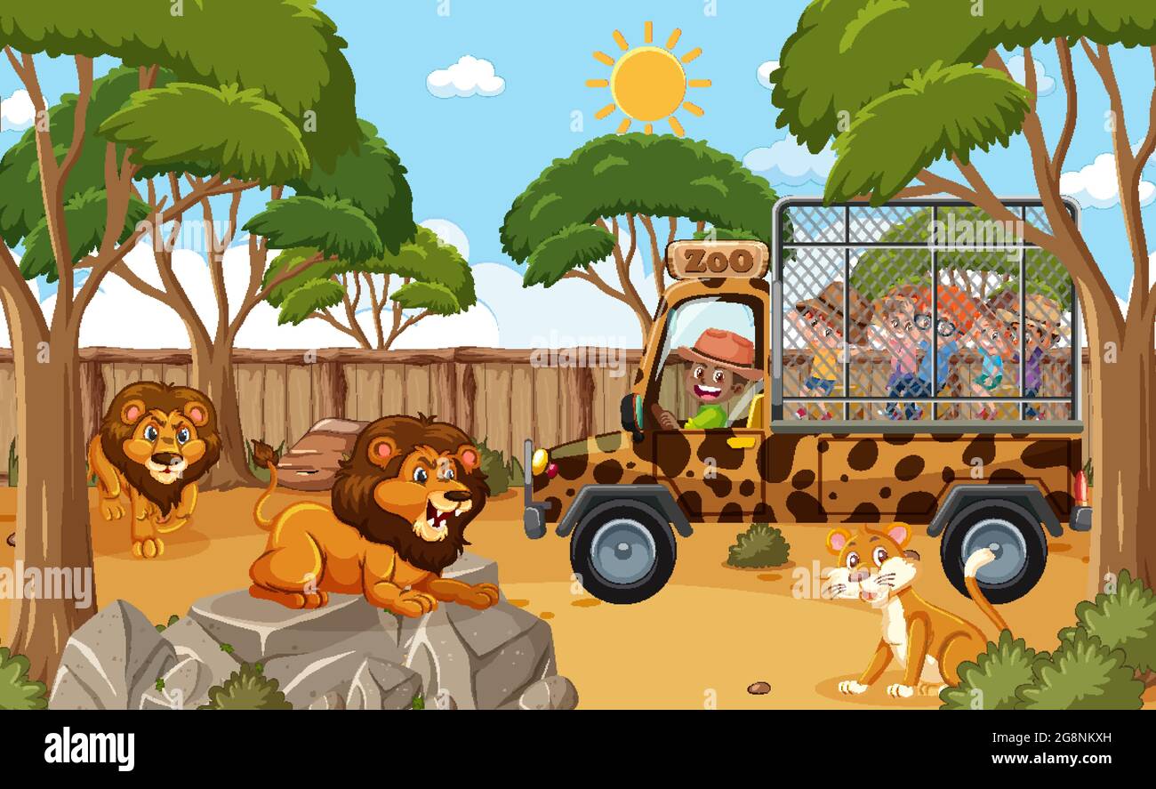 Les enfants en voiture de tourisme regardant le groupe de lions dans l'illustration de la scène du zoo Illustration de Vecteur