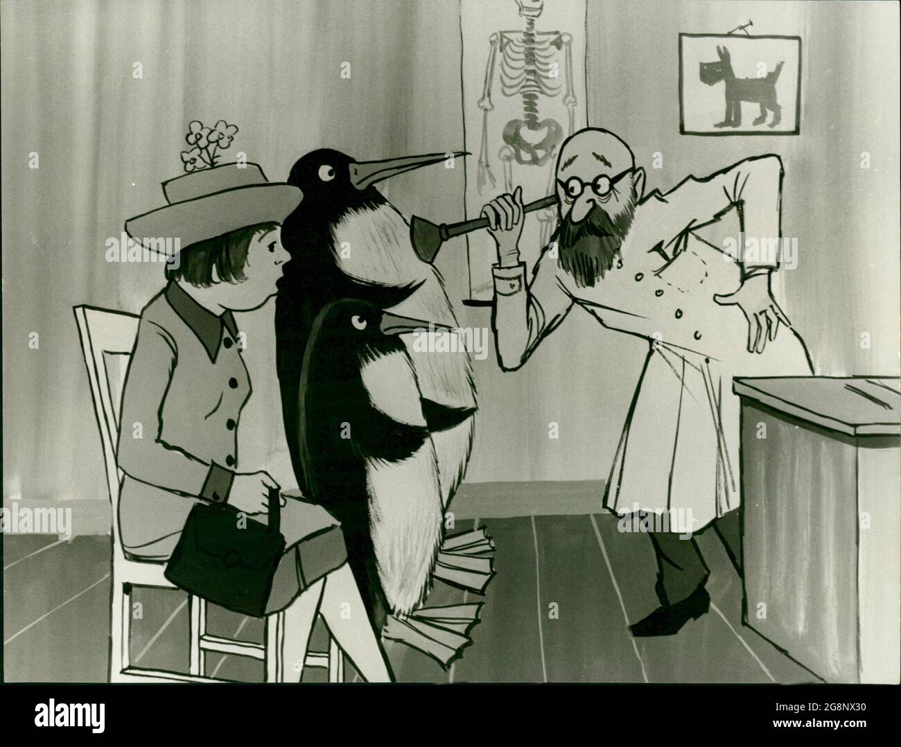 Frau Fröhlich ist mit ihrem Mann und ihrer Tochter Charthrinchen, die sich in Pinguine verwandelt haben, zum Tierarzt gegangen, denn schließlich will sie, dass die beiden sich in ihrer Tiergestalt wohlfühlen. Banque D'Images