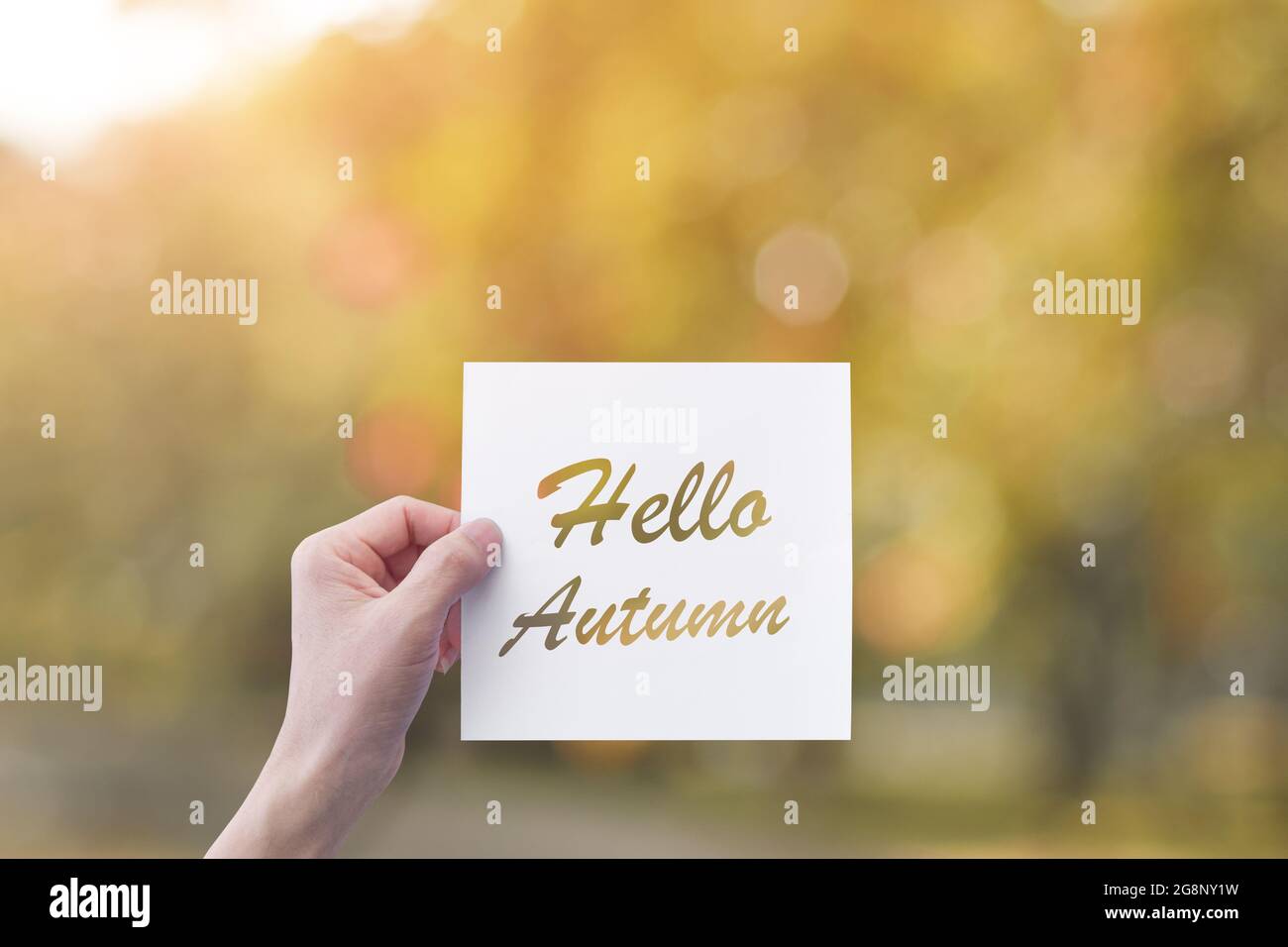 Main tenant le papier avec texte Hello Autumn sur fond de nature flou. Concept d'automne. Banque D'Images
