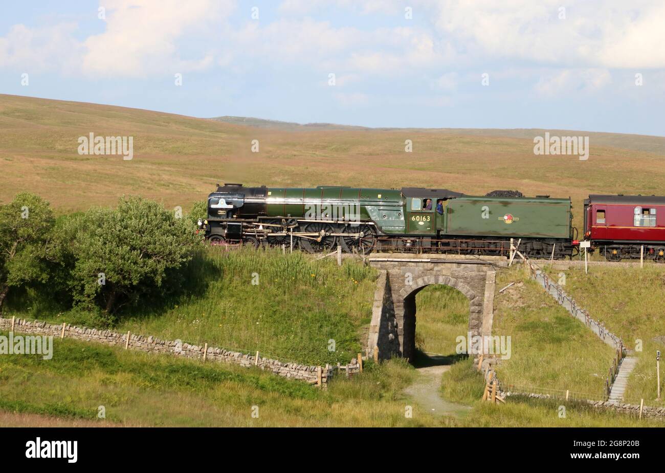 Nouvelle locomotive à vapeur Tornado traversant le pont près du viaduc de Ribblehead sur la ligne de Settle-Carlisle avec un train spécial le 20 juillet 2021. Banque D'Images