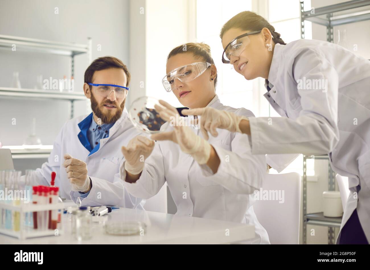 Groupe de scientifiques heureux faisant la recherche microbiologique dans les laboratoires de sciences modernes Banque D'Images