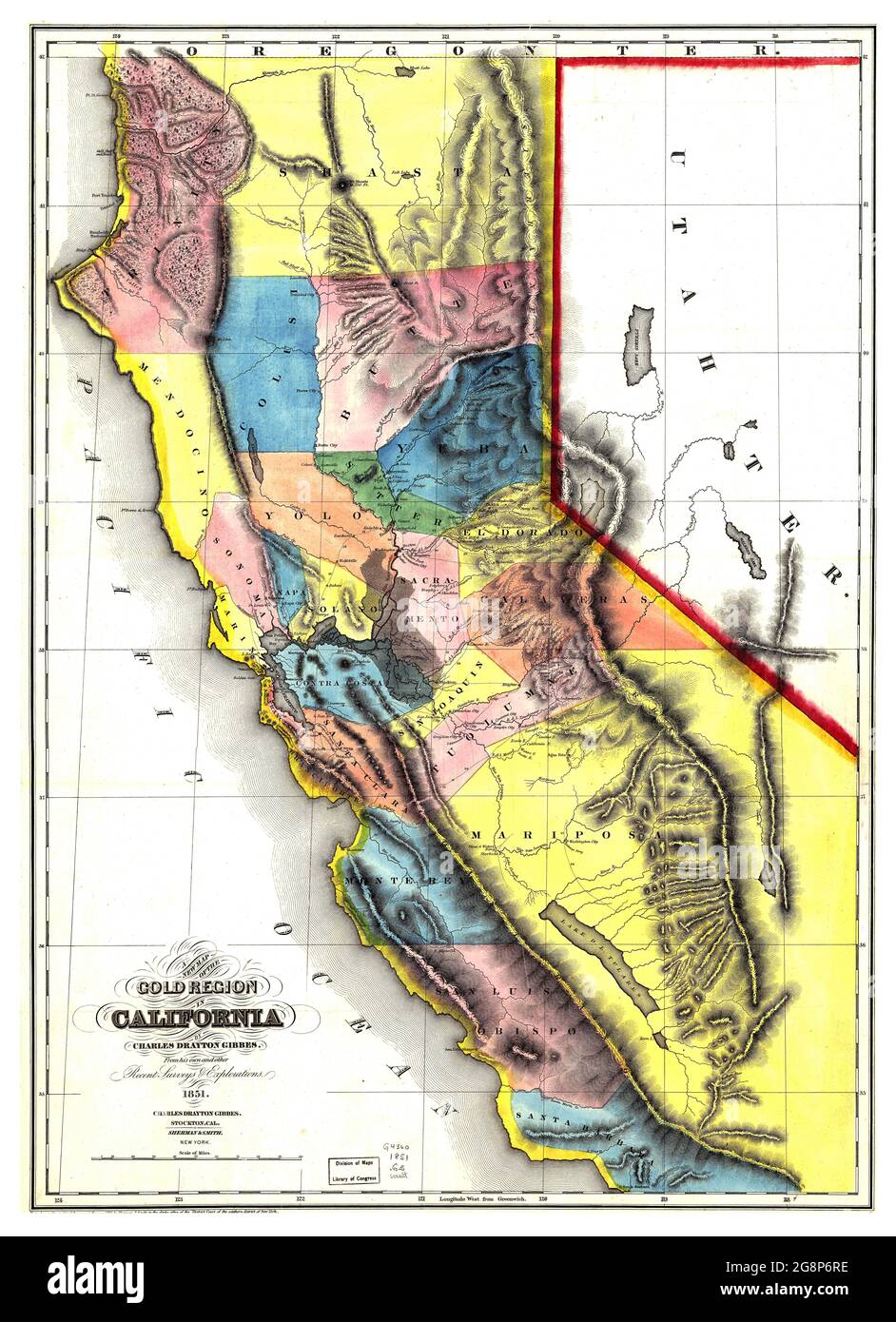 Cliquez sur Vintage Birds Eye View map of Gold Regions of California (1851) Banque D'Images