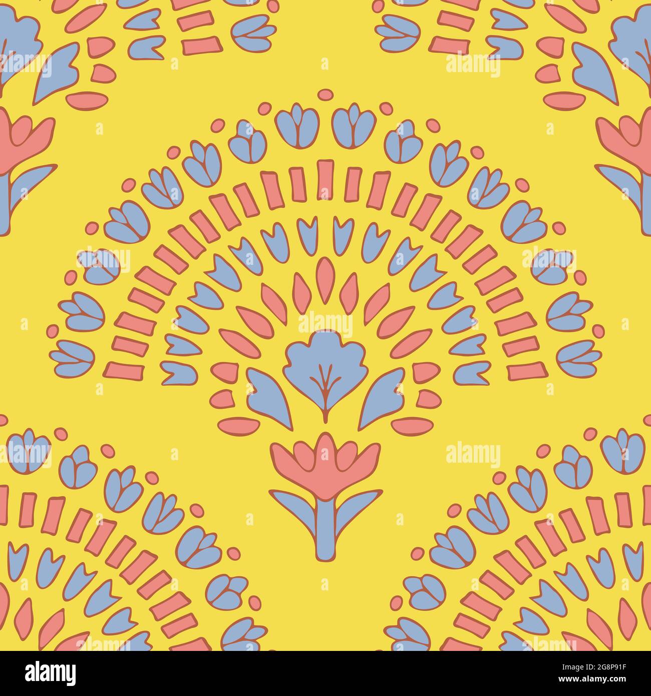 Motif vectoriel sans couture avec éventail de fleurs sur fond jaune. Magnifique papier peint à motif fleuri grec. Textile d'été pastel. Illustration de Vecteur