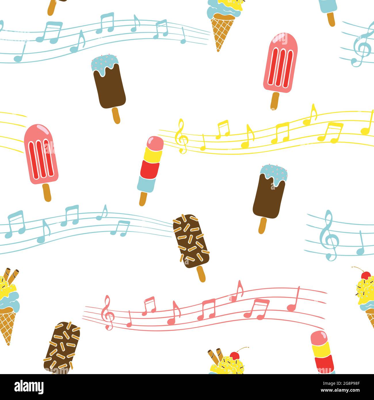 Motif vectoriel transparent avec glaces et notes de musique sur fond blanc. Papier peint amusant et savoureux pour les enfants. Illustration de Vecteur