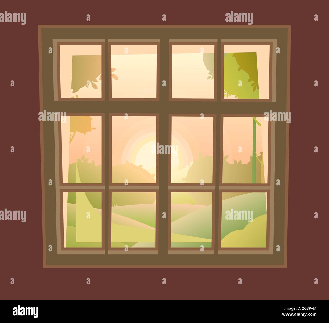 La fenêtre est rectangulaire. Avec rebord de fenêtre et fragments de mur. Jour. Été lever de soleil vue sur le paysage. Style de dessin animé. Conception plate. Vecteur Illustration de Vecteur