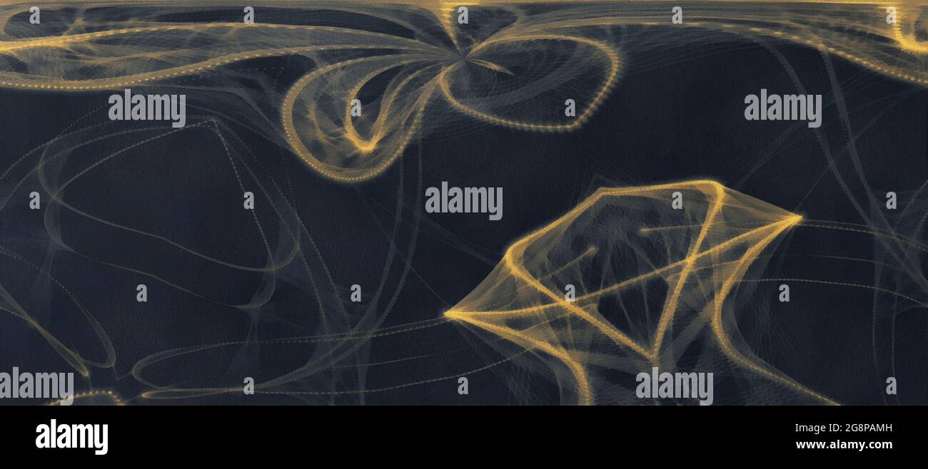 Lignes Golden Connected sur fond sombre. Grande vue panoramique. Travail artistique sur un thème futuriste Banque D'Images