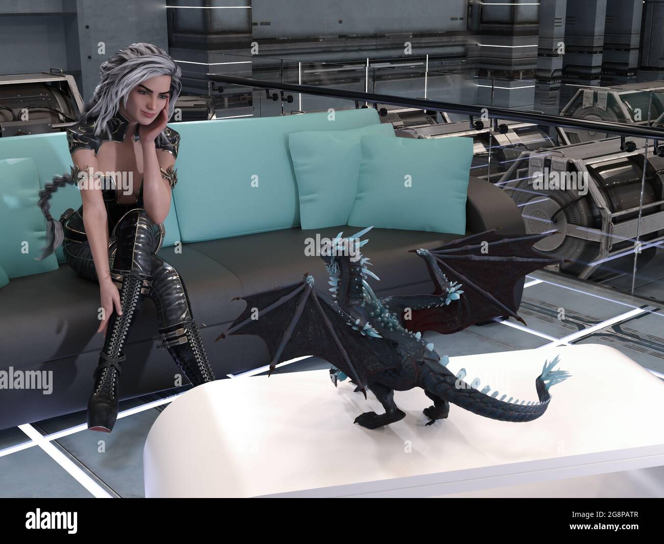 illustration 3d d'une femme regardant un petit dragon volant assis sur une table dans une pièce futuriste. Banque D'Images