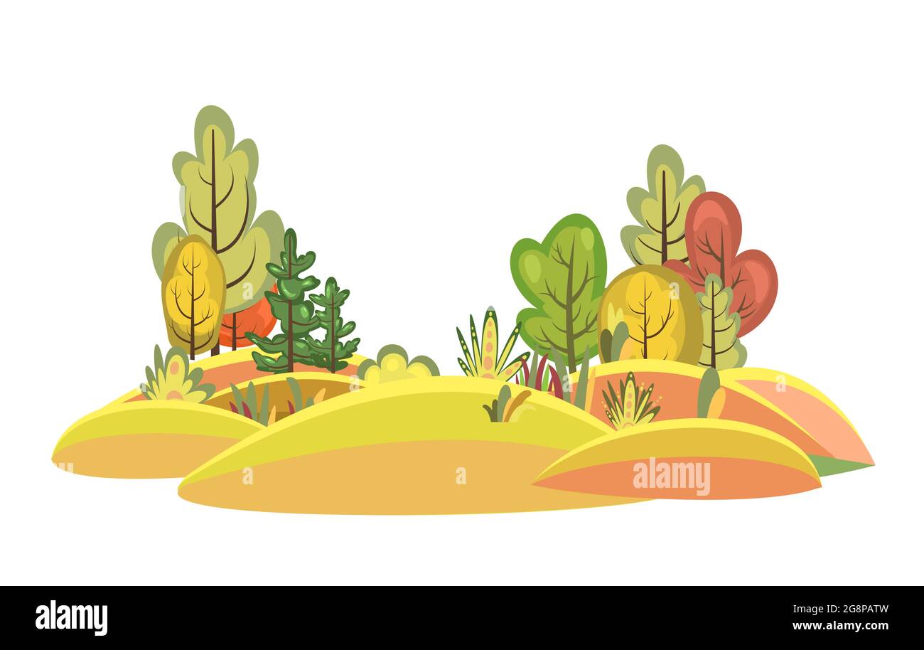 Forêt d'automne plate. Magnifique paysage avec arbres. Illustration dans un style symbolique simple. Une scène amusante. Dessin animé. Plantes sauvages de pays Illustration de Vecteur