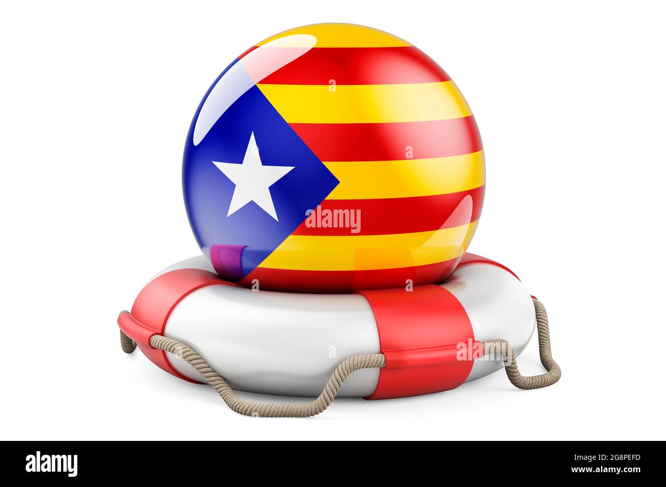 Ceinture de sauvetage avec drapeau catalan. Concept de sécurité, d'aide et de protection de la Catalogne. Rendu 3D isolé sur fond blanc Banque D'Images