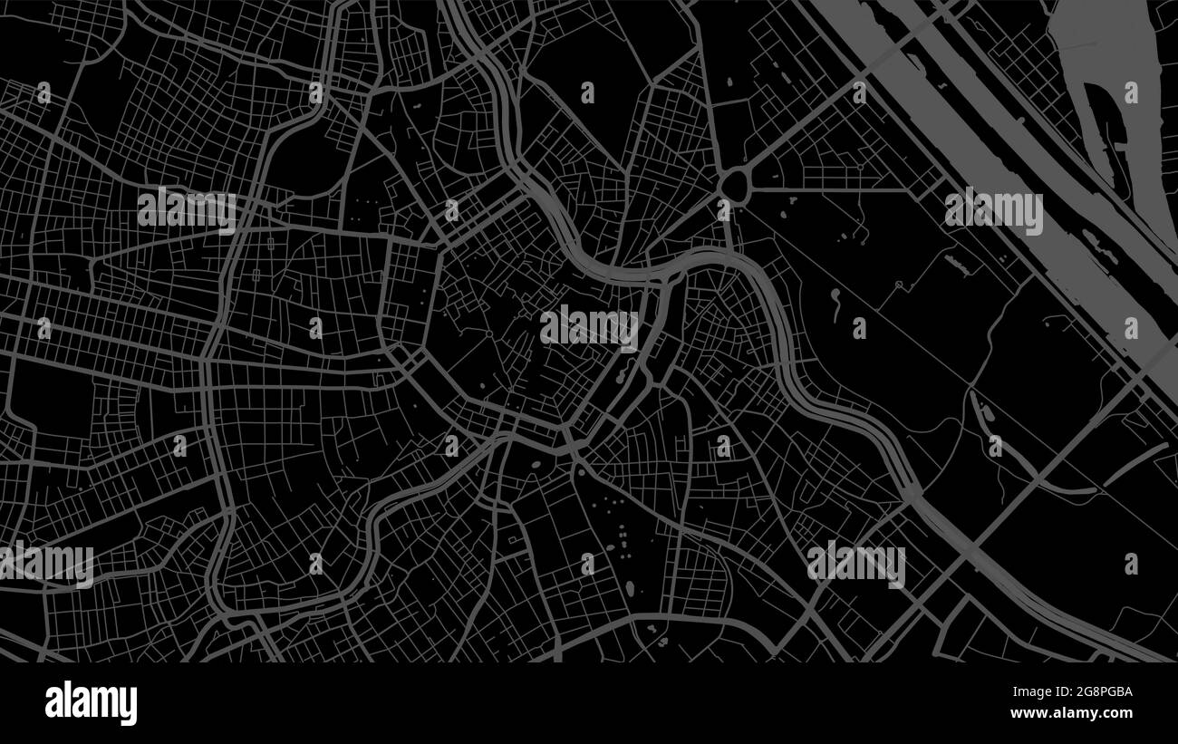 Illustration de la carte d'arrière-plan vectorielle de la ville de Vienne, noir foncé, des rues et de la cartographie de l'eau. Format écran large, design plat numérique streetmap. Illustration de Vecteur