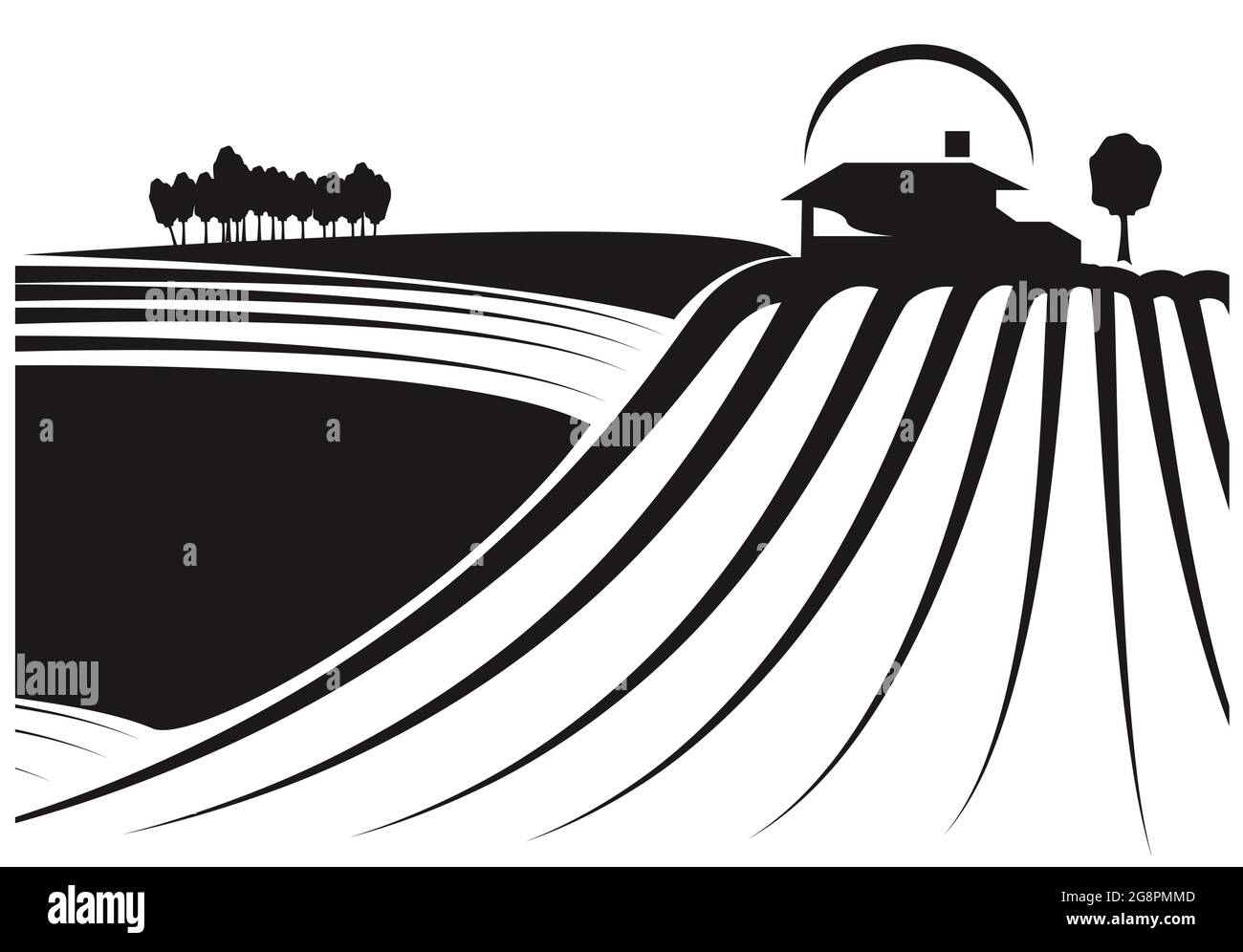 Champs et grange en noir et blanc. Illustration de Vecteur