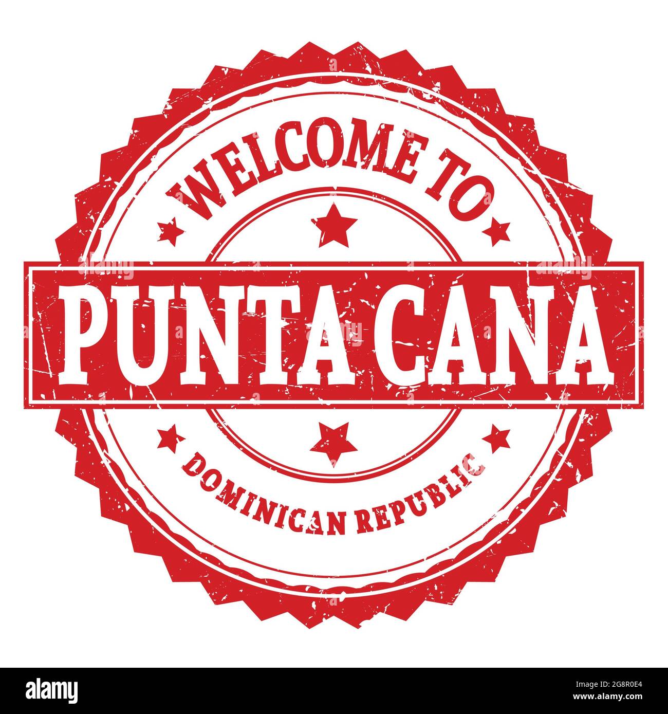 BIENVENUE À PUNTA CANA - RÉPUBLIQUE DOMINICAINE, mots écrits sur le timbre rond rouge en zigzag Banque D'Images