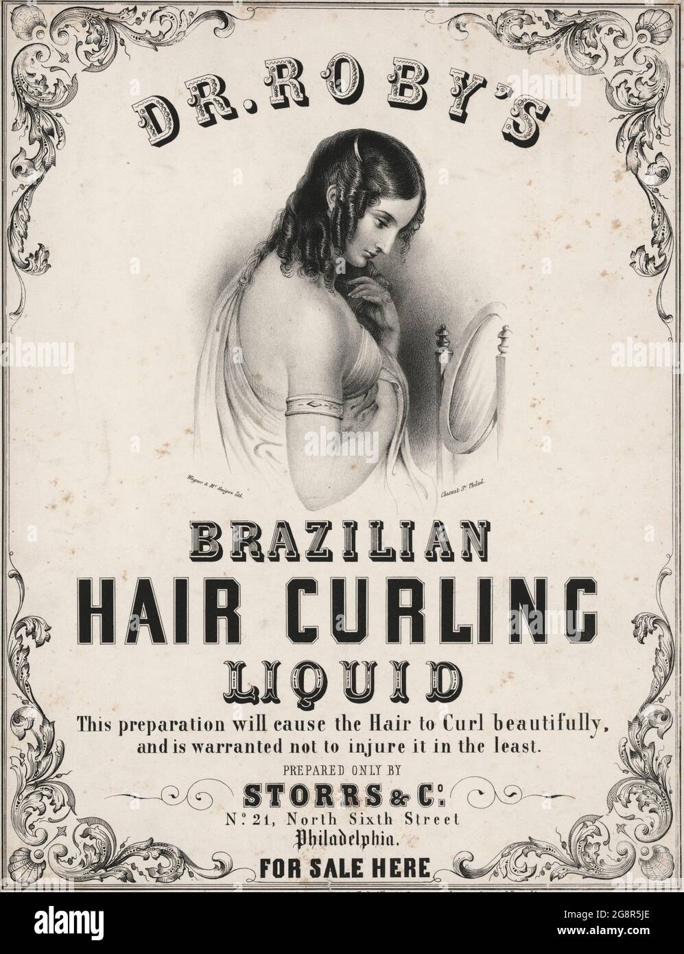 Liquide de curling brésilien de Dr Roby - carte publicitaire ou d'affichage de fenêtre montrant une femme regardant dans un miroir, en admirant les boucles dans ses cheveux. Comprend le texte annonçant un curling brésilien de cheveux liquide, 1847 Banque D'Images