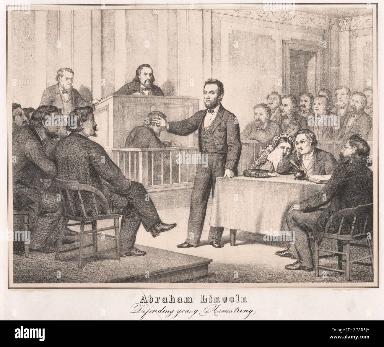 Abraham Lincoln. Défendant le jeune Armstrong - Abraham Lincoln en cour pendant un procès dans lequel il a défendu William 'Duff' Armstrong qui avait été accusé du meurtre de James Preston Metzker Banque D'Images
