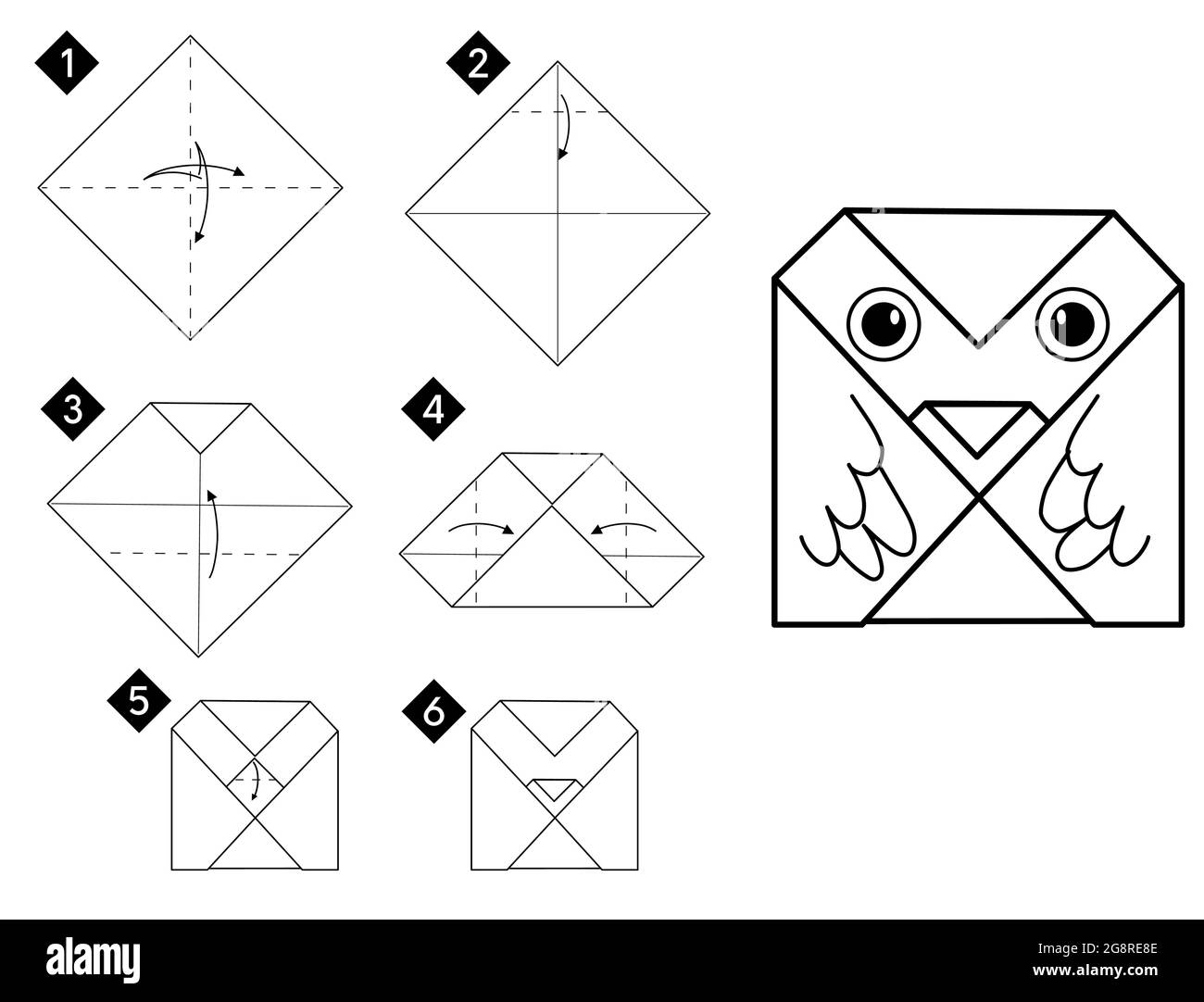 Étape par étape comment faire simple origami hibou oiseau . Illustration des instructions vectorielles monochromes. Livre blanc et noir à faire soi-même. Illustration de Vecteur