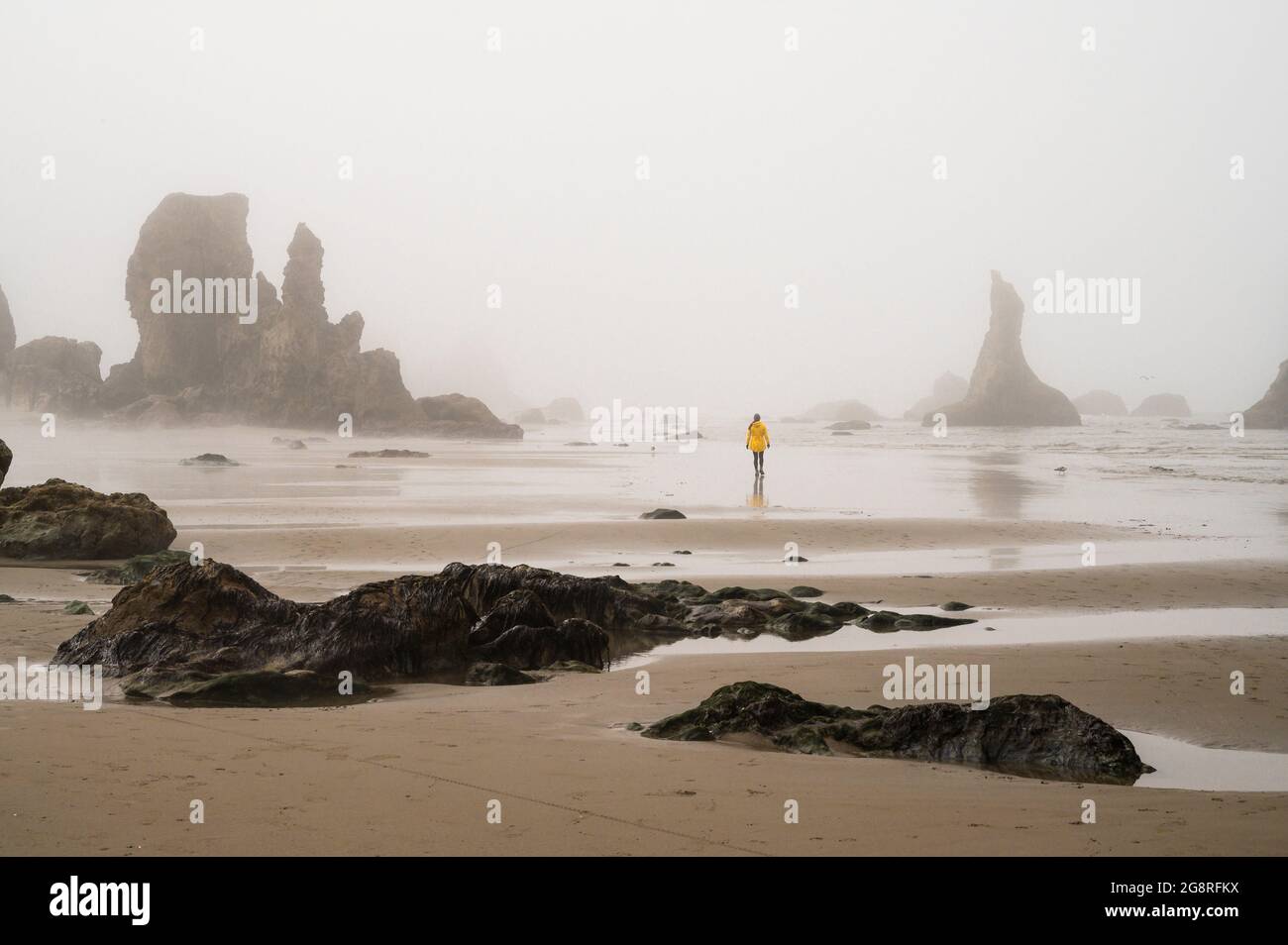 Femme en veste de pluie jaune sur la côte moody oregon Banque D'Images