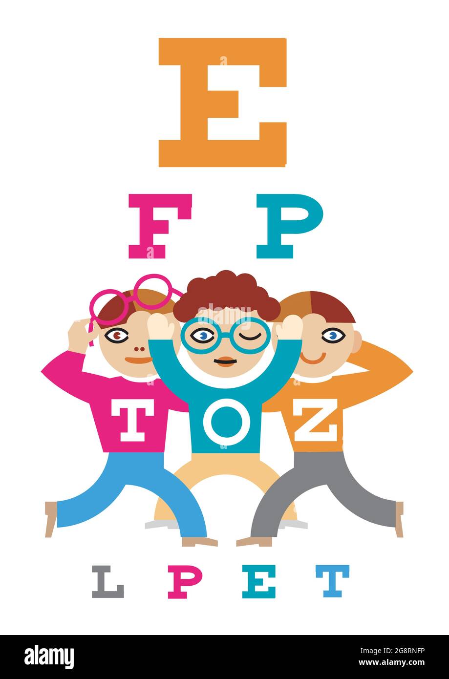 Les enfants testant la vue, les enfants à l'opticien. Illustration de trois enfants avec tableau de test oculaire. Vecteur disponible. Illustration de Vecteur