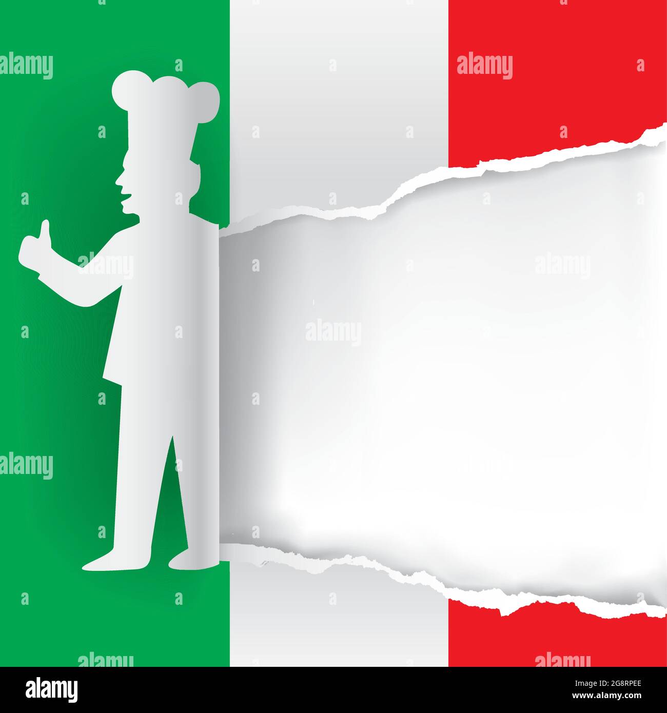 Cuisine régionale italienne, bannière carrée. Silhouette de chef en papier déchiré avec des charbeaux et un drapeau italien. Place pour votre texte ou image. Illustration de Vecteur