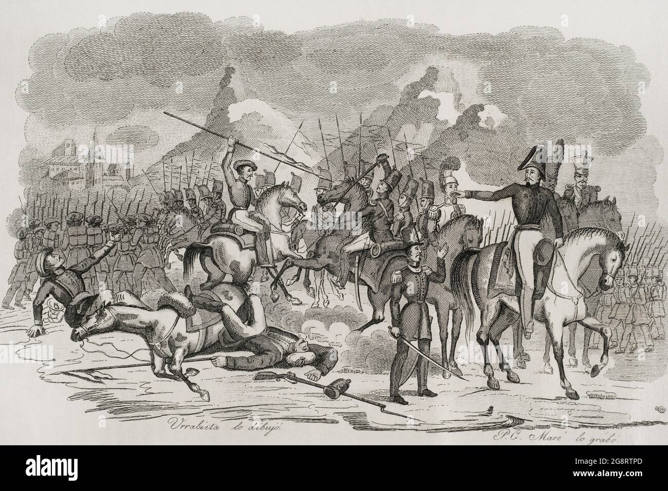 Espagne. Première Guerre des Carlistes (1833-1840). La guerre civile qui a confronté Carlistes, partisans de l'Infante Carlos María Isidro de Borbón, contre les Isabelinos (Elizabethans), les défenseurs d'Isabel II et le régent María Cristina de Borbón. Action de Zalduendo. Illustration par Vicente Urrabieta. Gravure par Pedro Celestino Maré. Panorama Español, Crónica Contemporánea. Madrid, 1842. Banque D'Images
