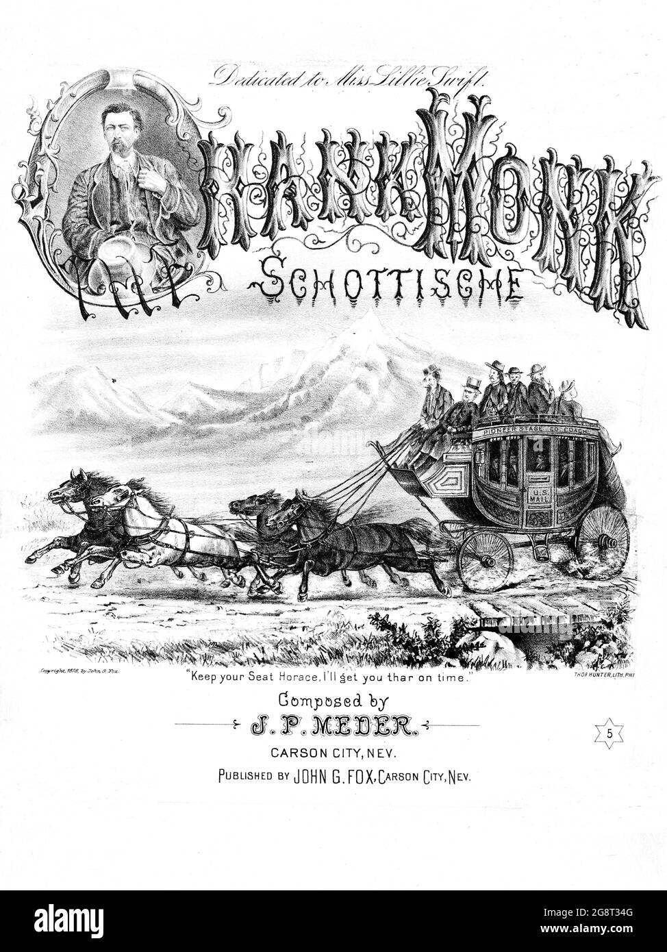 Hank Monk Schottisch, 1878 partitions de musique avec lithographie pf un entraîneur de courrier américain, Horace Greely. Publié dans Carson City, Nevada Banque D'Images