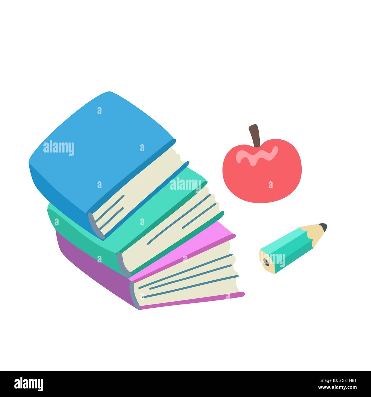 Pile de livres, crayon et pomme isolée sur fond blanc. Illustration minimaliste conceptuelle sur le thème de la vie scolaire ou étudiante. Illustration de Vecteur