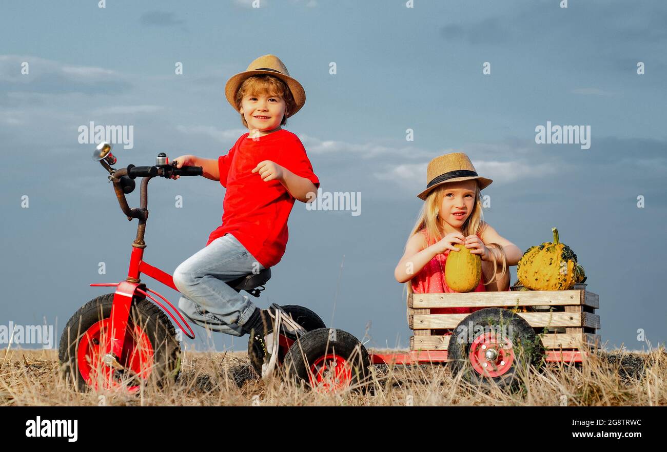 Enfants à vélo en plein air, enfants prêts pour le travail à la ferme. Enfance à la campagne. L'été à la campagne. Vie écologique. Une enfance insouciante. Heureux Banque D'Images