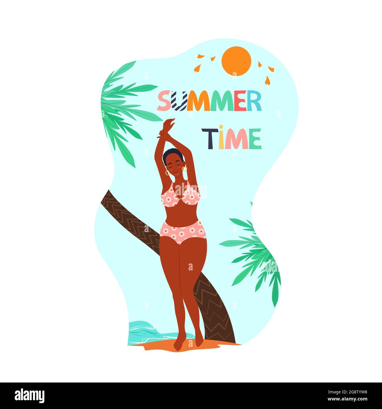 Femme afro-américaine avec les yeux fermés dans un maillot de bain avec les bras levés aime l'été, lettrage heure d'été, illustration vectorielle dans le style plat. Dessin animé Illustration de Vecteur