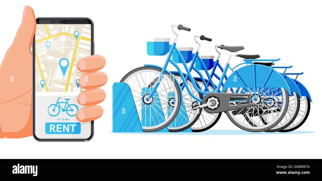 Système de partage de vélos de ville isolé sur blanc. Illustration de Vecteur