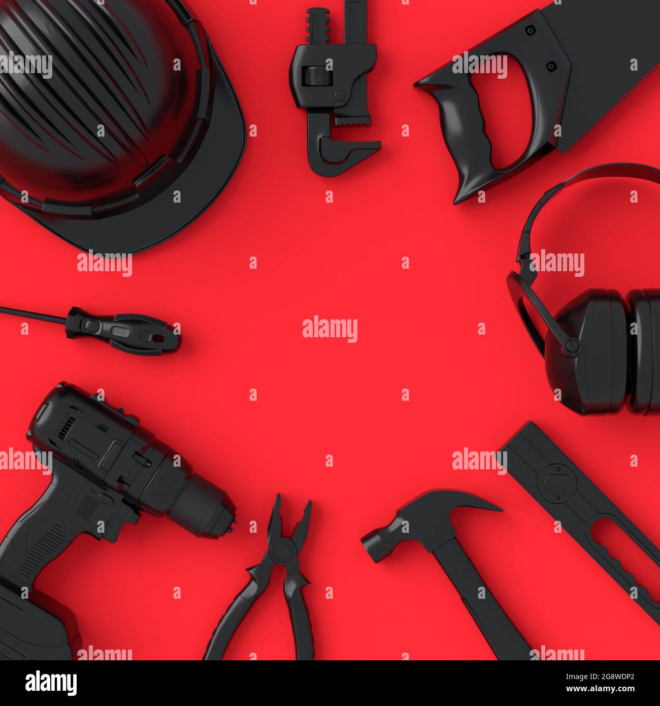 Vue de dessus des outils de construction monochromes pour la réparation et l'installation sur fond rouge et noir. rendu 3d et illustration de la bannière de service pour Banque D'Images Vue de dessus des outils de construction monochromes pour la réparation et l'installation sur fond rouge et noir. rendu 3d et illustration de la bannière de service pour Banque D'Images
