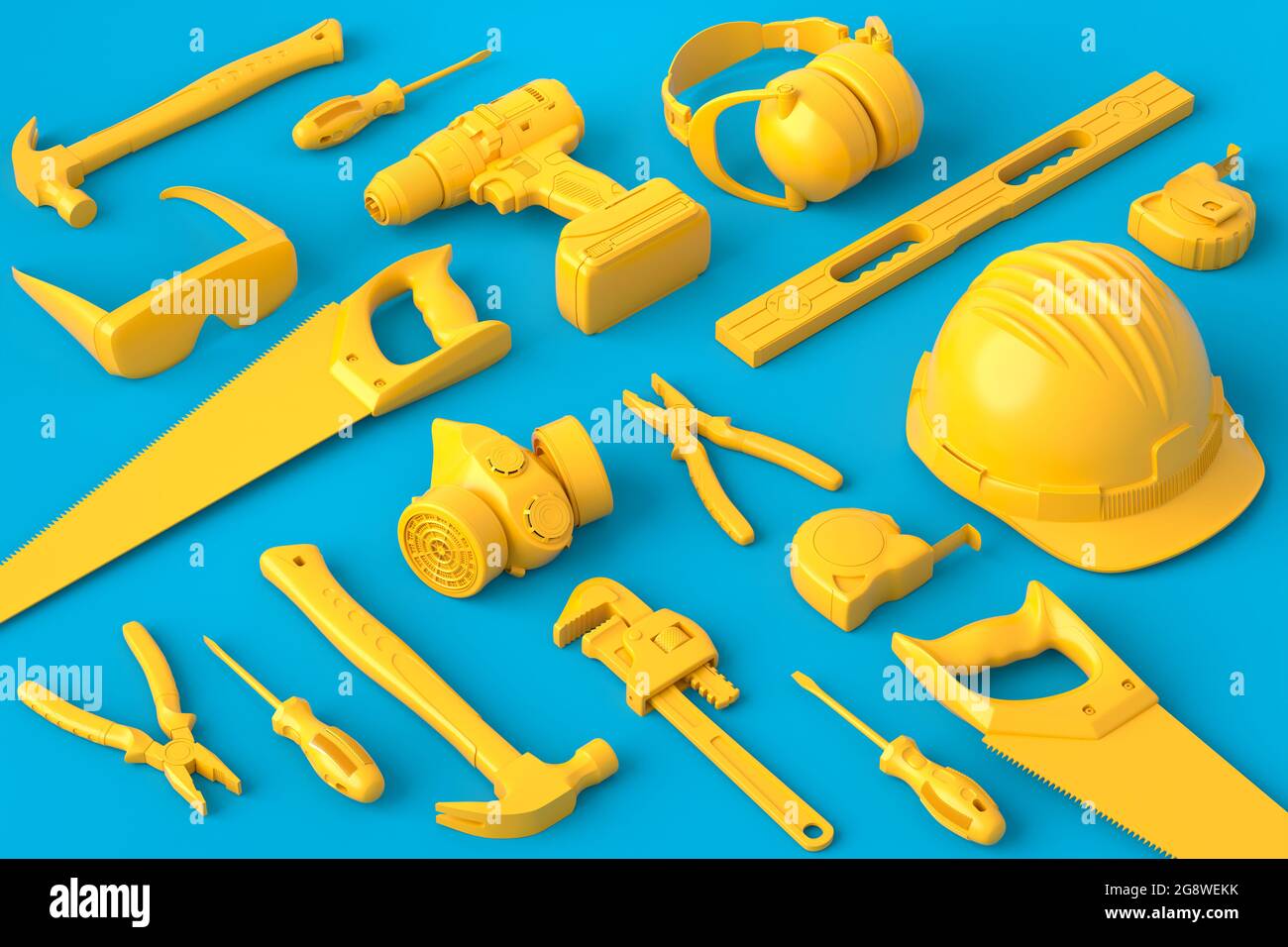 Vue isométrique des outils de construction monochromes pour la réparation et l'installation sur fond bleu et jaune. rendu 3d et illustration du service ba Banque D'Images Vue isométrique des outils de construction monochromes pour la réparation et l'installation sur fond bleu et jaune. rendu 3d et illustration du service ba Banque D'Images
