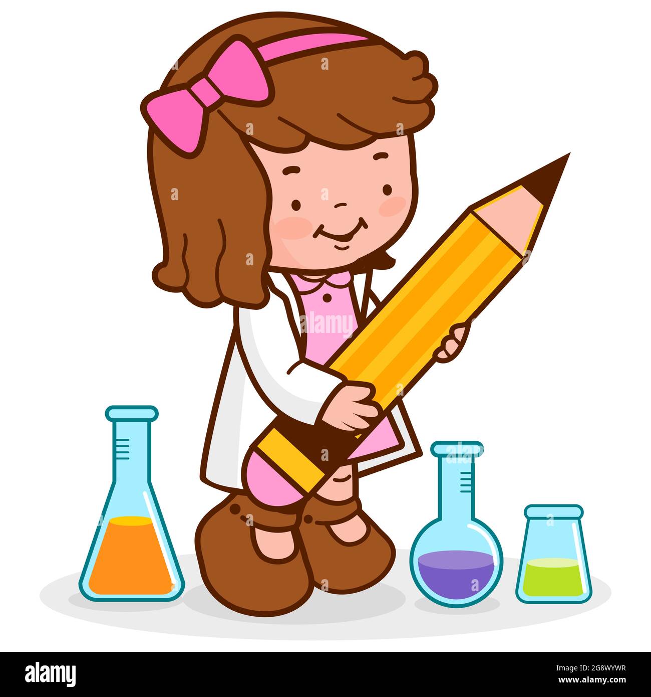 Étudiant scientifique à l'école utilisant des éprouvettes de chimie, faisant des expériences scientifiques et prenant des notes avec un grand crayon. Banque D'Images