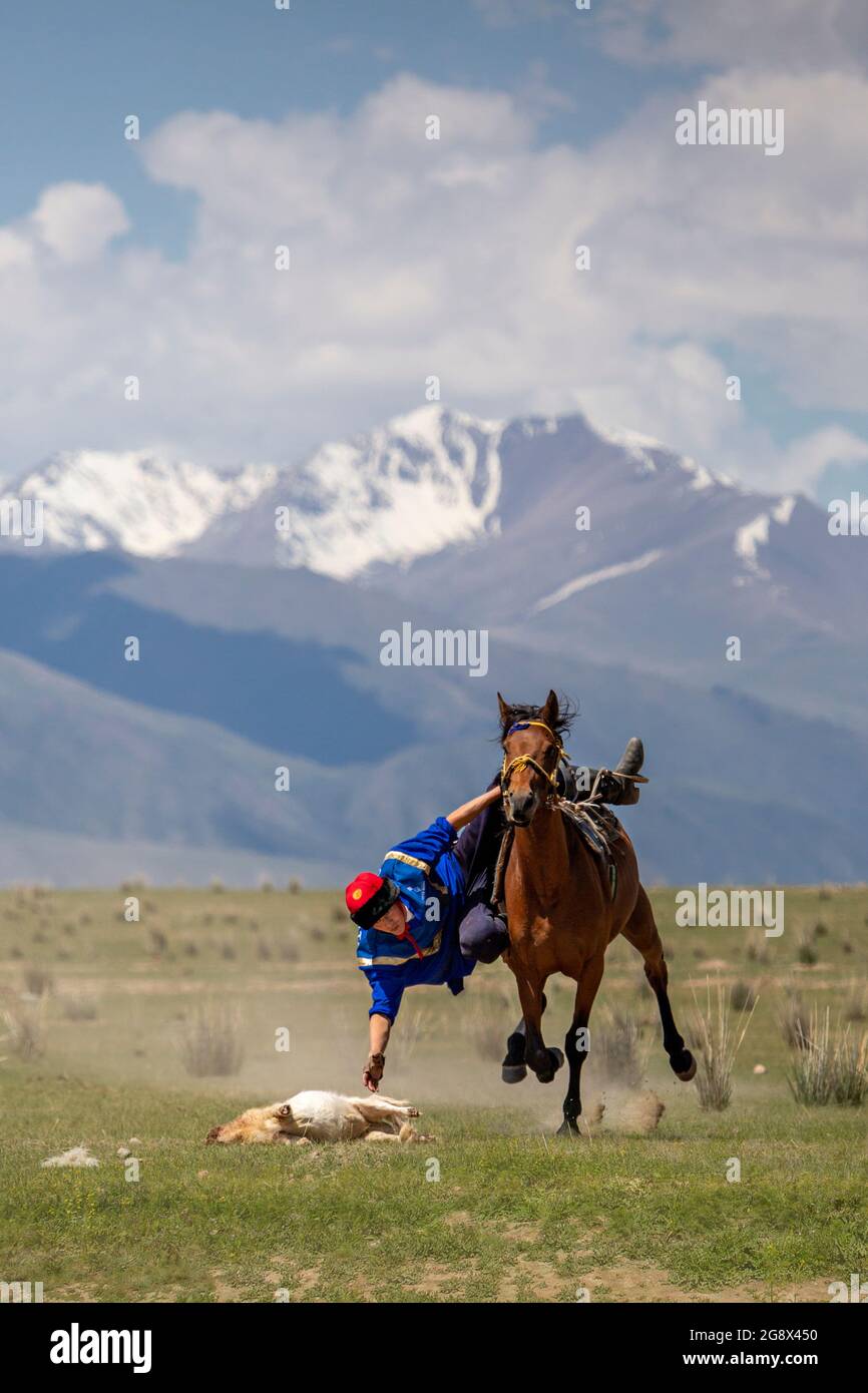 Cavalier nomade avec carcasse de chèvre lors de jeux de chevaux nomades traditionnels connus sous le nom de Buzkashi ou Kok par, à Issyk Kul, au Kirghizistan. Banque D'Images