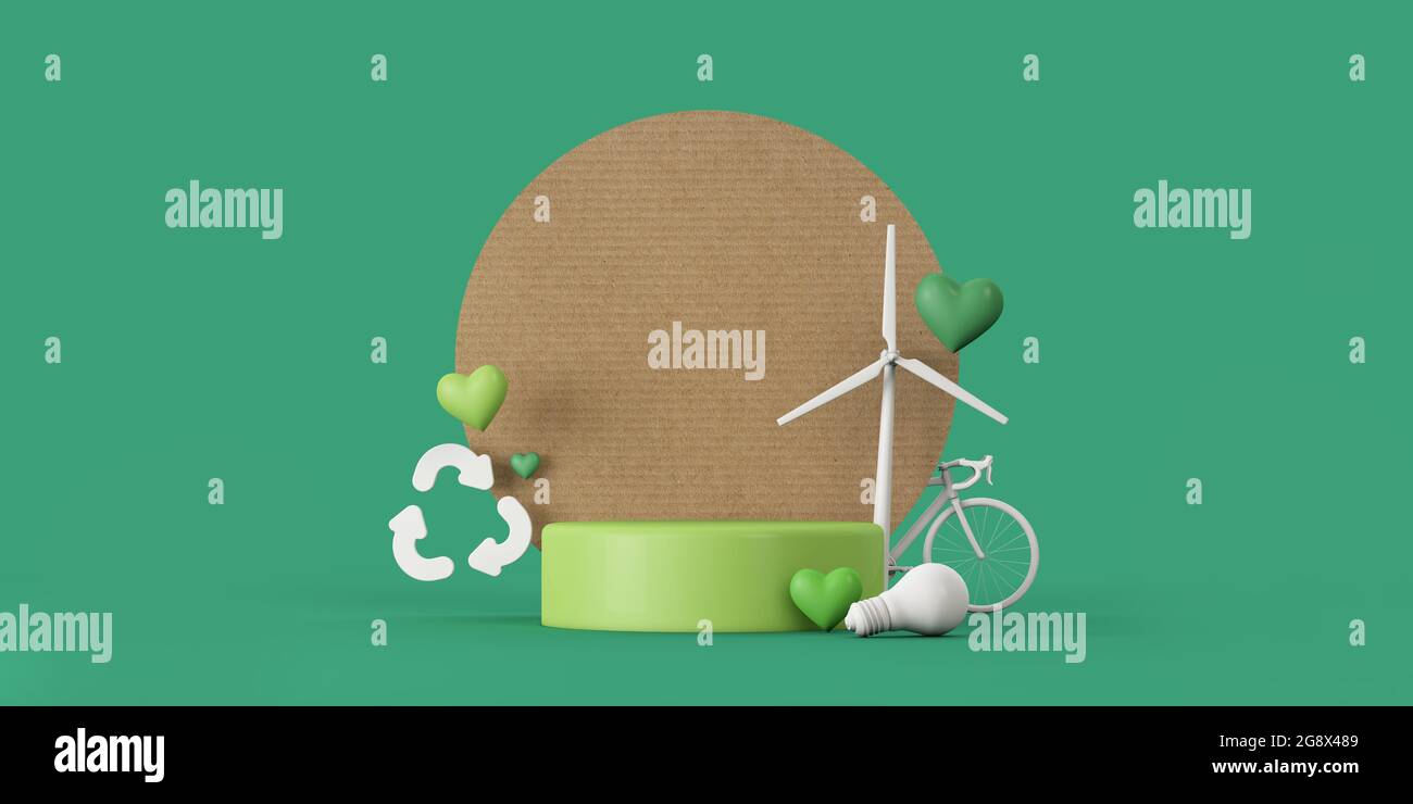 Affiche de produit écologique avec éolienne, panneau de recyce. Rendu 3D Banque D'Images